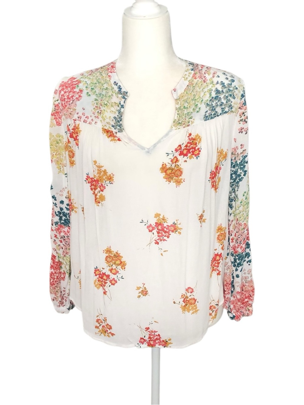 Lucky Brand White Floral V-Neck Peasant Boho Gypsy Blouse Size Small